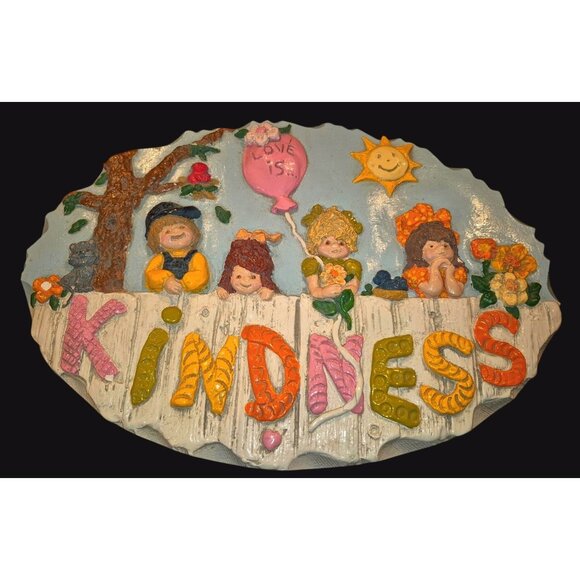 Large Vintage Chalkware Wall Art Plaque "Kindness" 3D Children Flowers Kitschy - Picture 1 of 11